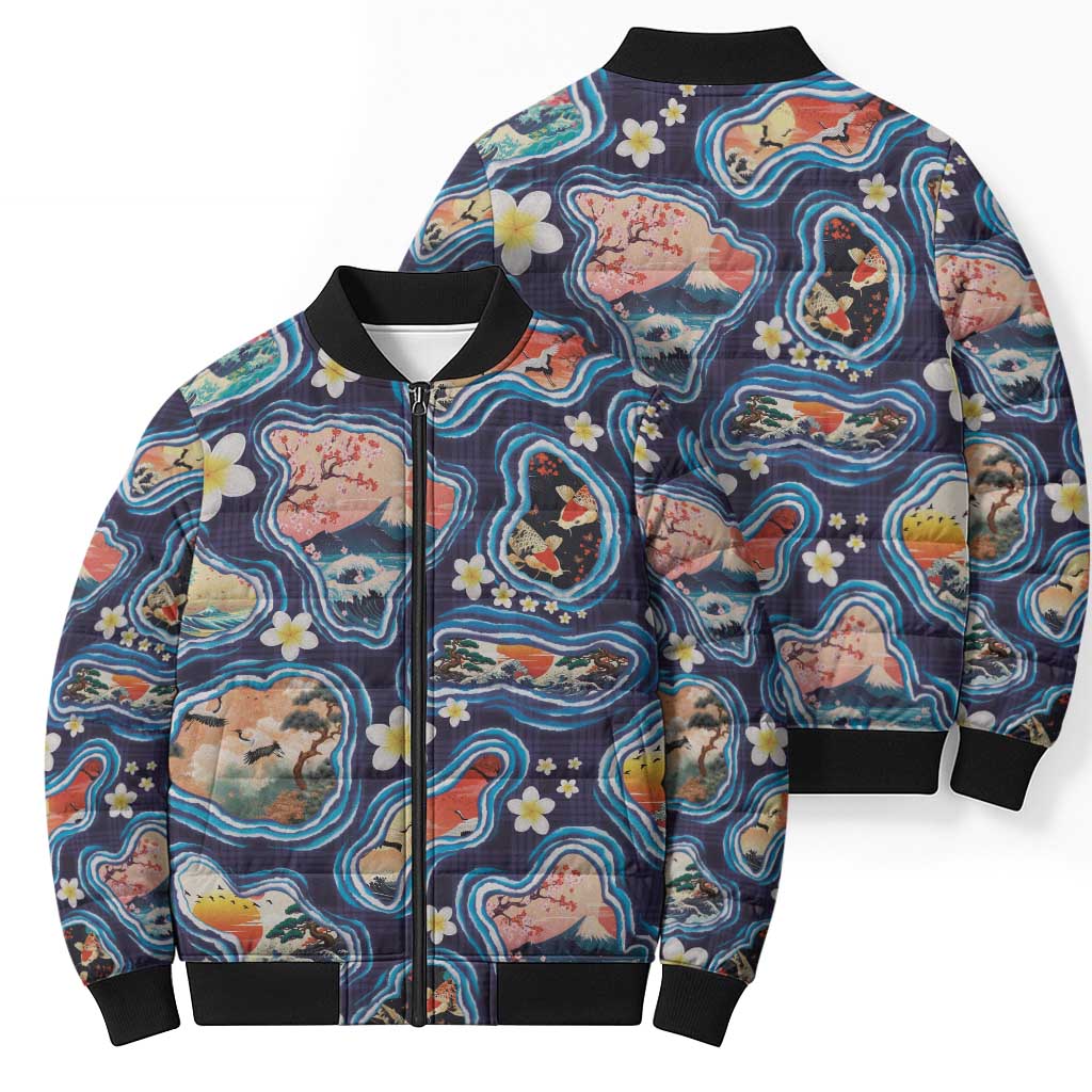 Hawaii Islands Map Design with Japanese Landscape Bomber Puffer Jacket Hawaiian Japan Fusion Art Navy Color LT03 - Polynesian Pride
