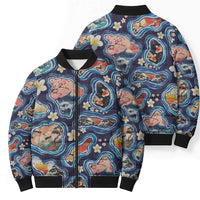 Hawaii Islands Map Design with Japanese Landscape Bomber Puffer Jacket Hawaiian Japan Fusion Art Navy Color LT03 - Polynesian Pride