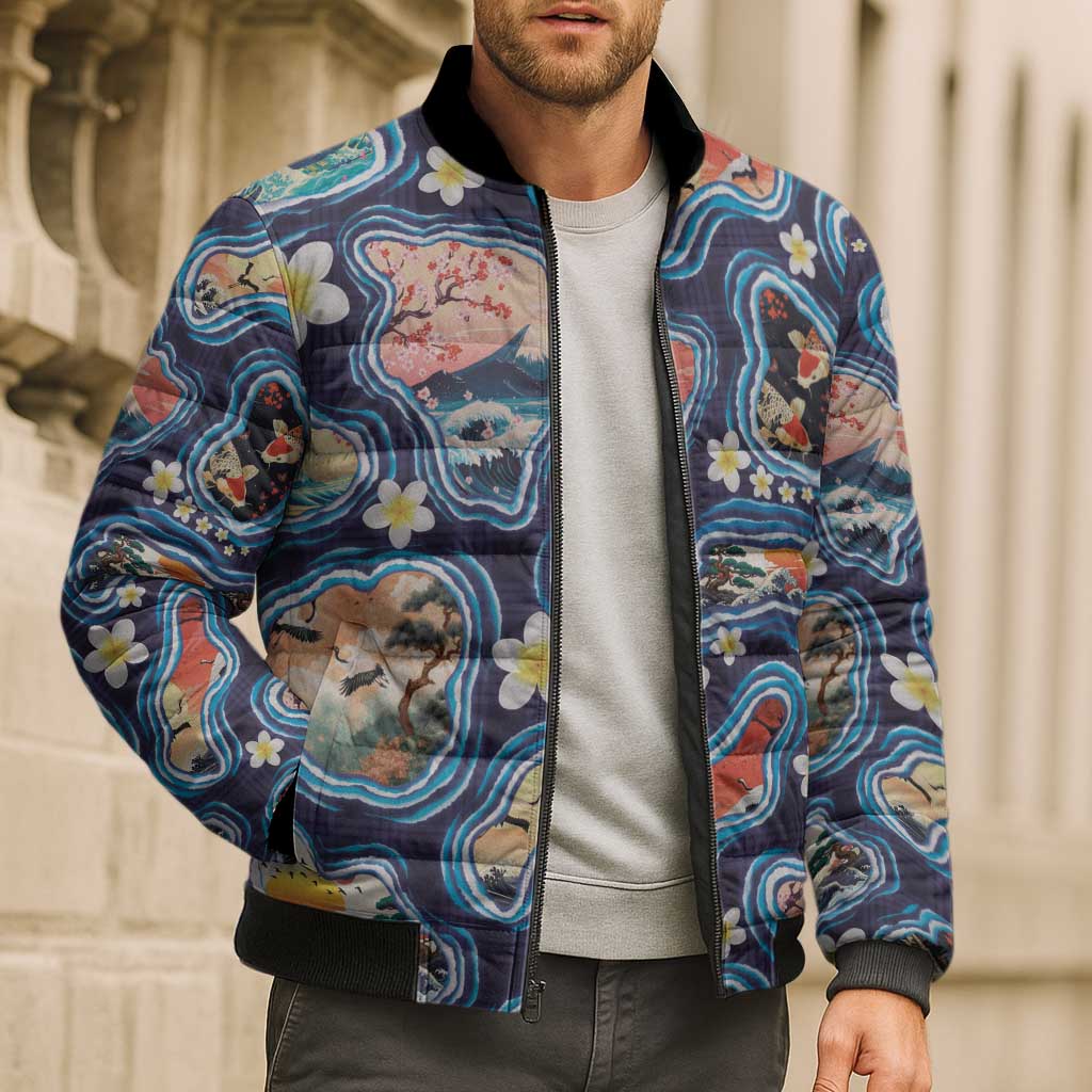 Hawaii Islands Map Design with Japanese Landscape Bomber Puffer Jacket Hawaiian Japan Fusion Art Navy Color LT03 - Polynesian Pride
