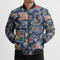Hawaii Islands Map Design with Japanese Landscape Bomber Puffer Jacket Hawaiian Japan Fusion Art Navy Color LT03 - Polynesian Pride