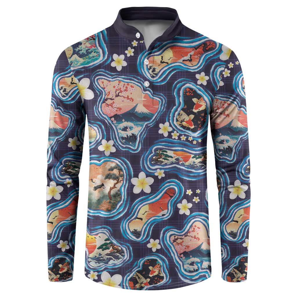 Hawaii Islands Map Design with Japanese Landscape Button Sweatshirt Hawaiian Japan Fusion Art Navy Color LT03 Navy - Polynesian Pride