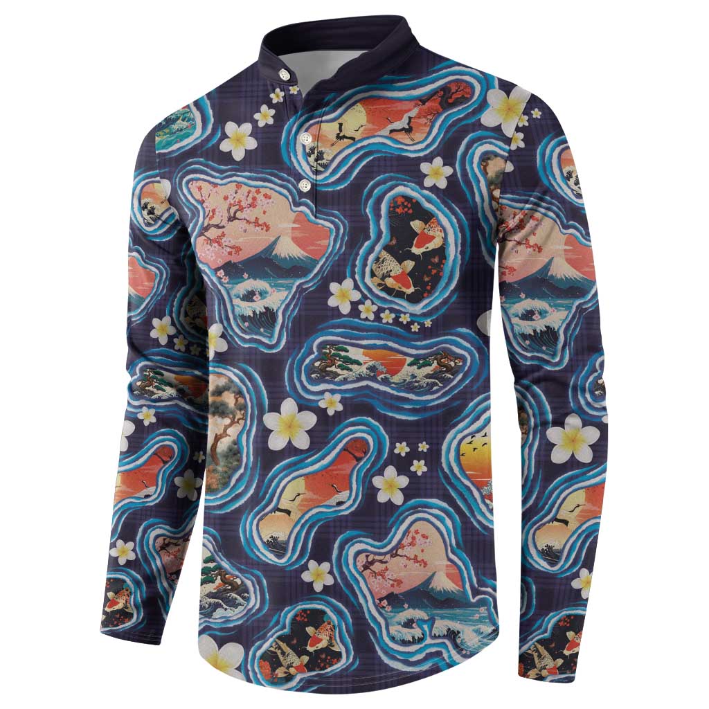 Hawaii Islands Map Design with Japanese Landscape Button Sweatshirt Hawaiian Japan Fusion Art Navy Color LT03 - Polynesian Pride