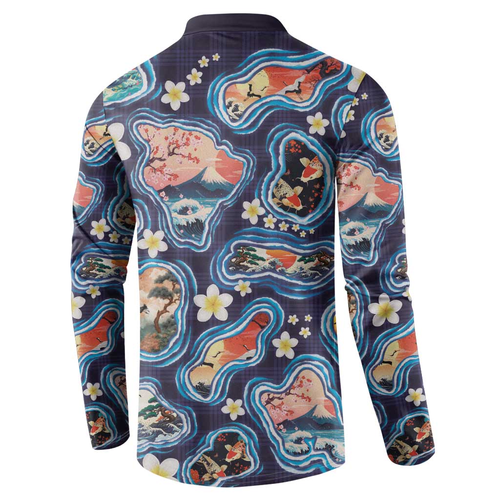 Hawaii Islands Map Design with Japanese Landscape Button Sweatshirt Hawaiian Japan Fusion Art Navy Color LT03 - Polynesian Pride