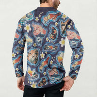 Hawaii Islands Map Design with Japanese Landscape Button Sweatshirt Hawaiian Japan Fusion Art Navy Color LT03 - Polynesian Pride