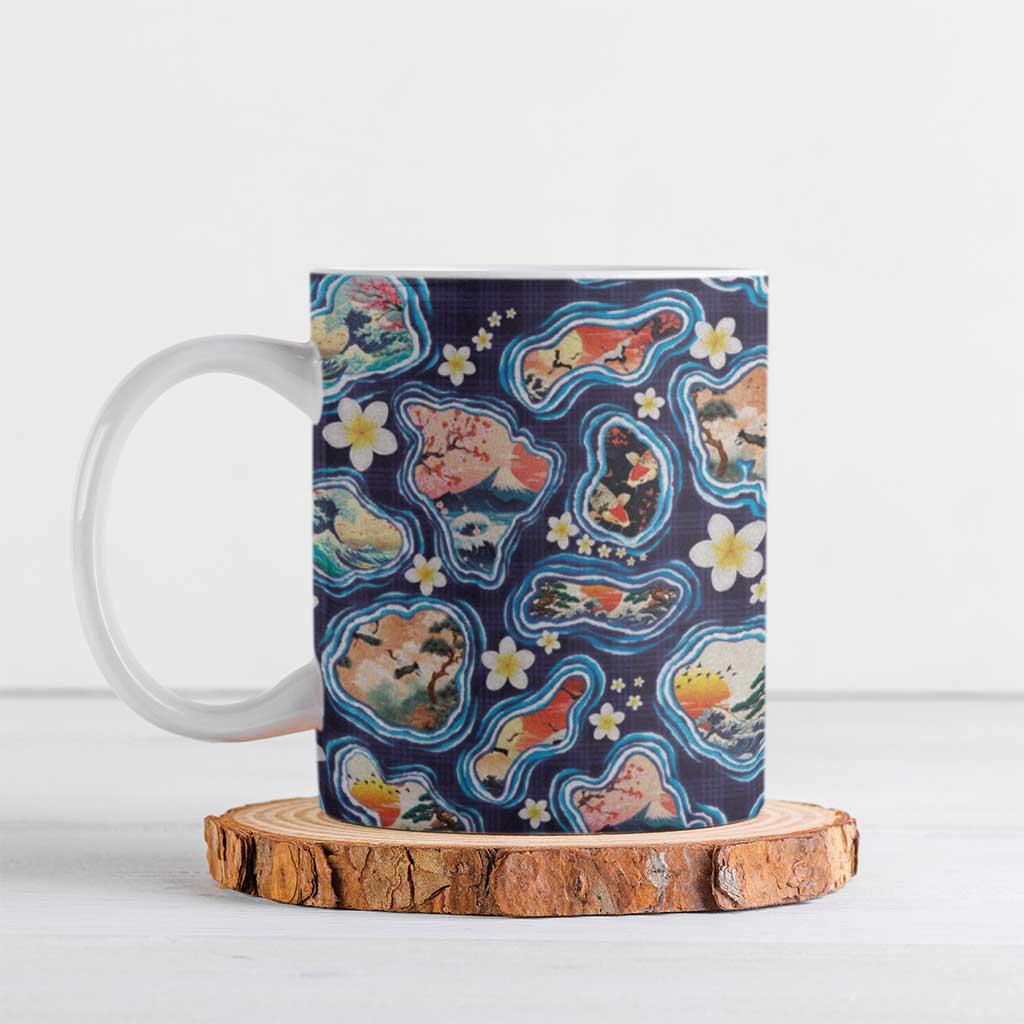 Hawaii Islands Map Design with Japanese Landscape Ceramic Mug Hawaiian Japan Fusion Art Navy Color LT03 Navy - Polynesian Pride