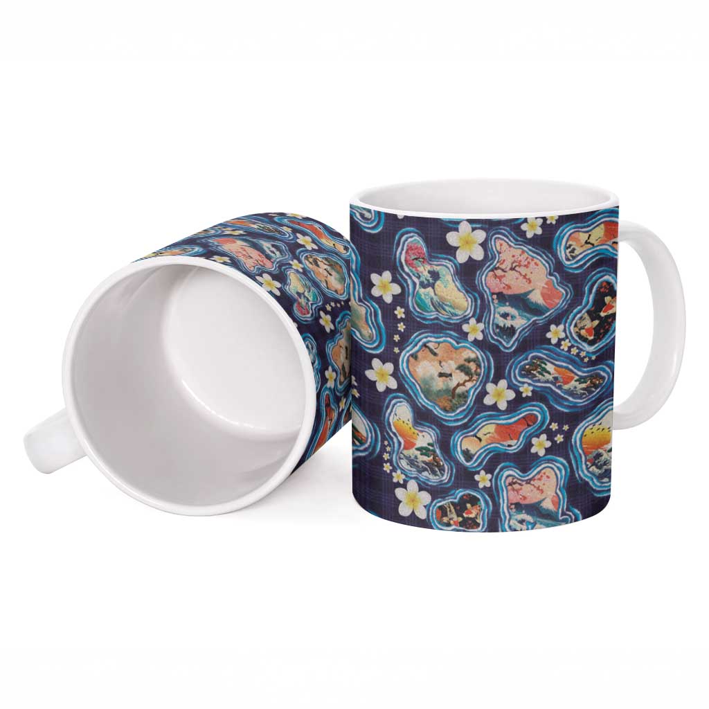 Hawaii Islands Map Design with Japanese Landscape Ceramic Mug Hawaiian Japan Fusion Art Navy Color LT03 - Polynesian Pride
