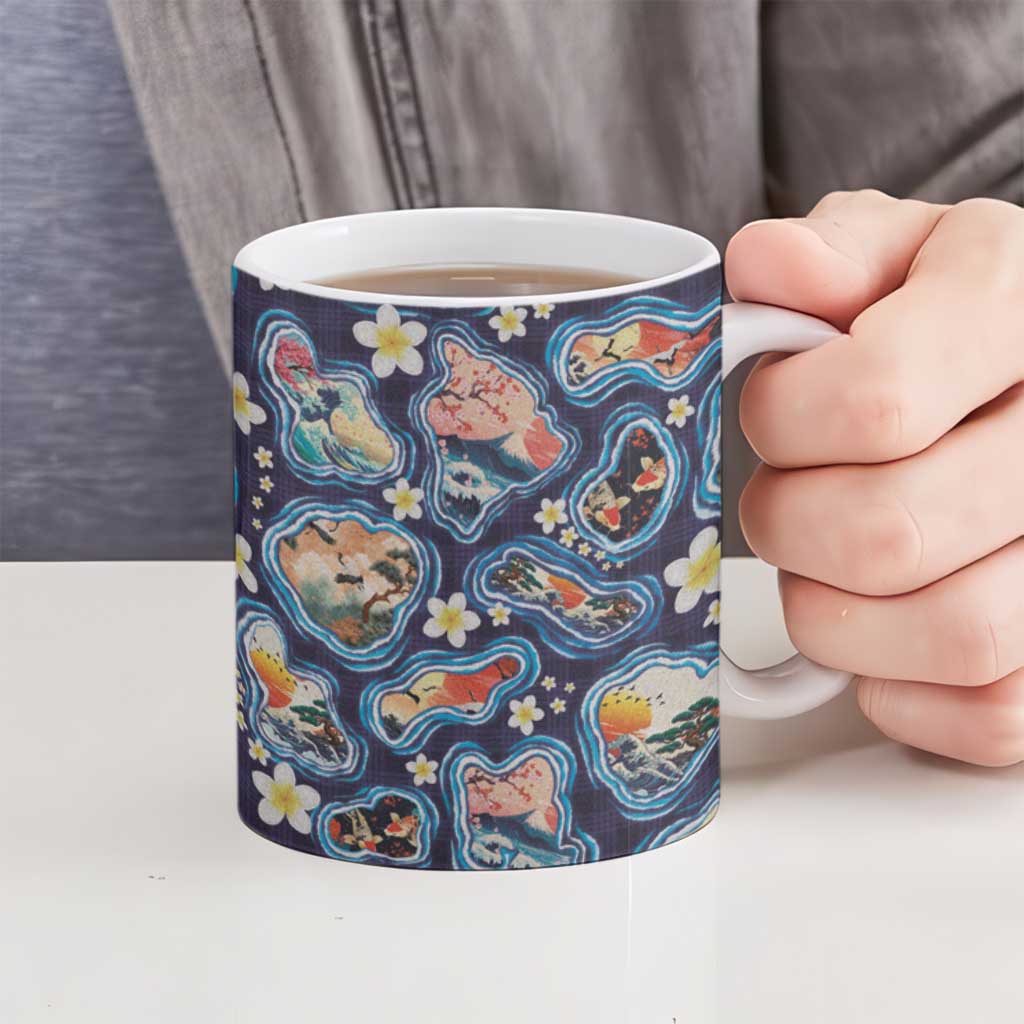 Hawaii Islands Map Design with Japanese Landscape Ceramic Mug Hawaiian Japan Fusion Art Navy Color LT03 - Polynesian Pride