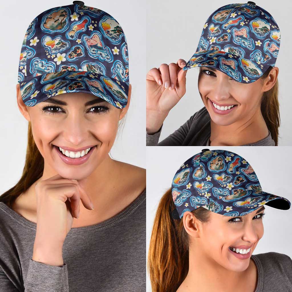Hawaii Islands Map Design with Japanese Landscape Classic Cap Hawaiian Japan Fusion Art Navy Color LT03 - Polynesian Pride