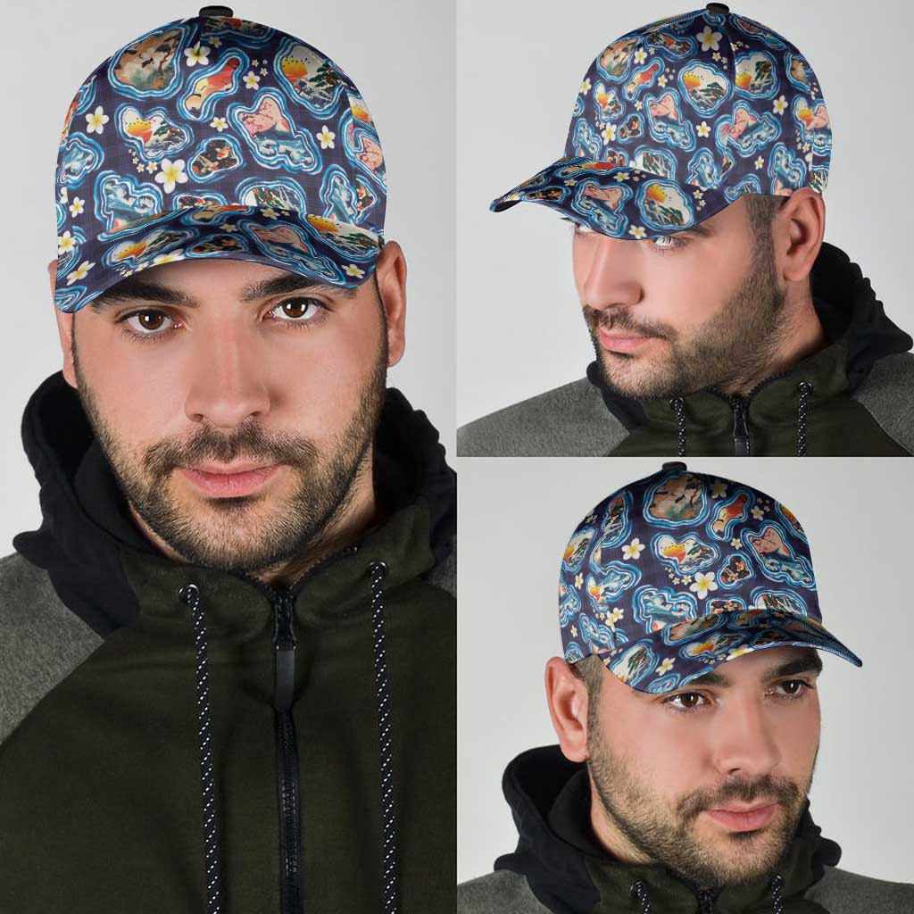 Hawaii Islands Map Design with Japanese Landscape Classic Cap Hawaiian Japan Fusion Art Navy Color LT03 - Polynesian Pride