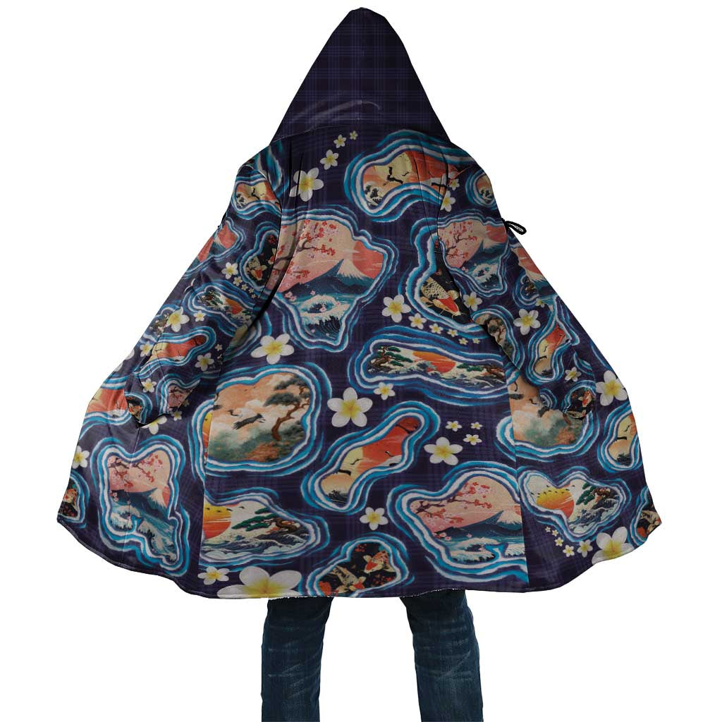 Hawaii Islands Map Design with Japanese Landscape Cloak Hawaiian Japan Fusion Art Navy Color LT03 Unisex Navy - Polynesian Pride