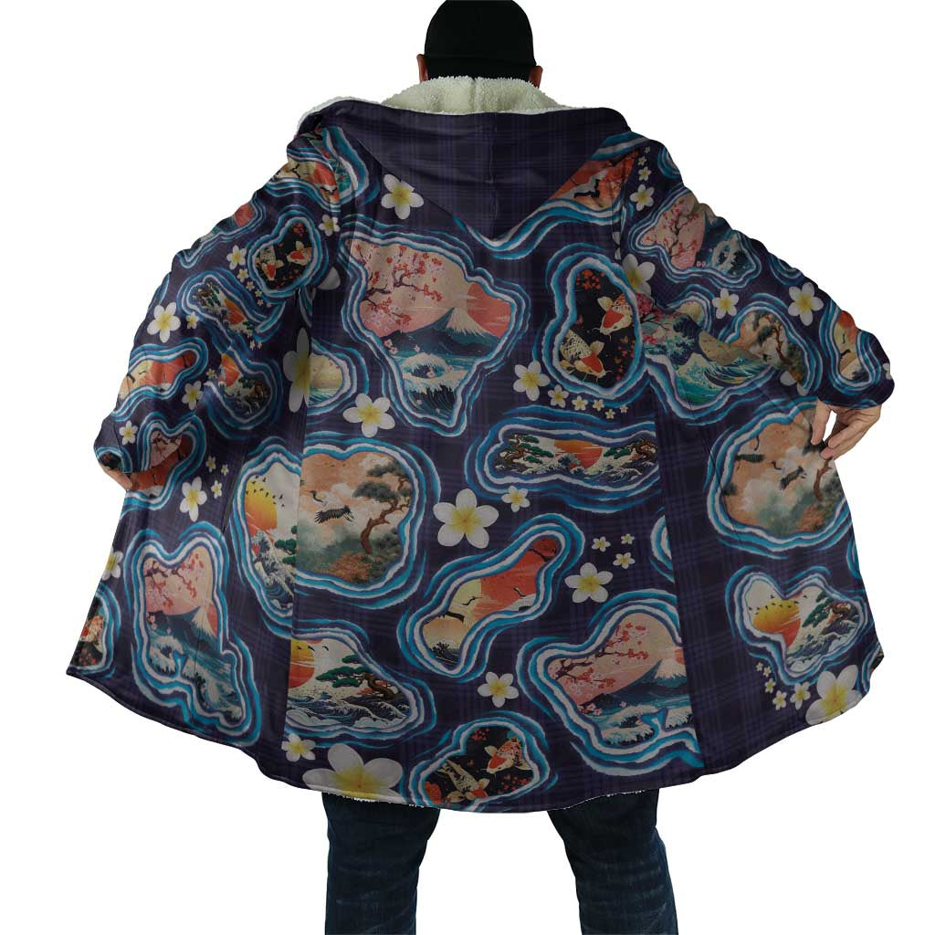 Hawaii Islands Map Design with Japanese Landscape Cloak Hawaiian Japan Fusion Art Navy Color LT03 - Polynesian Pride