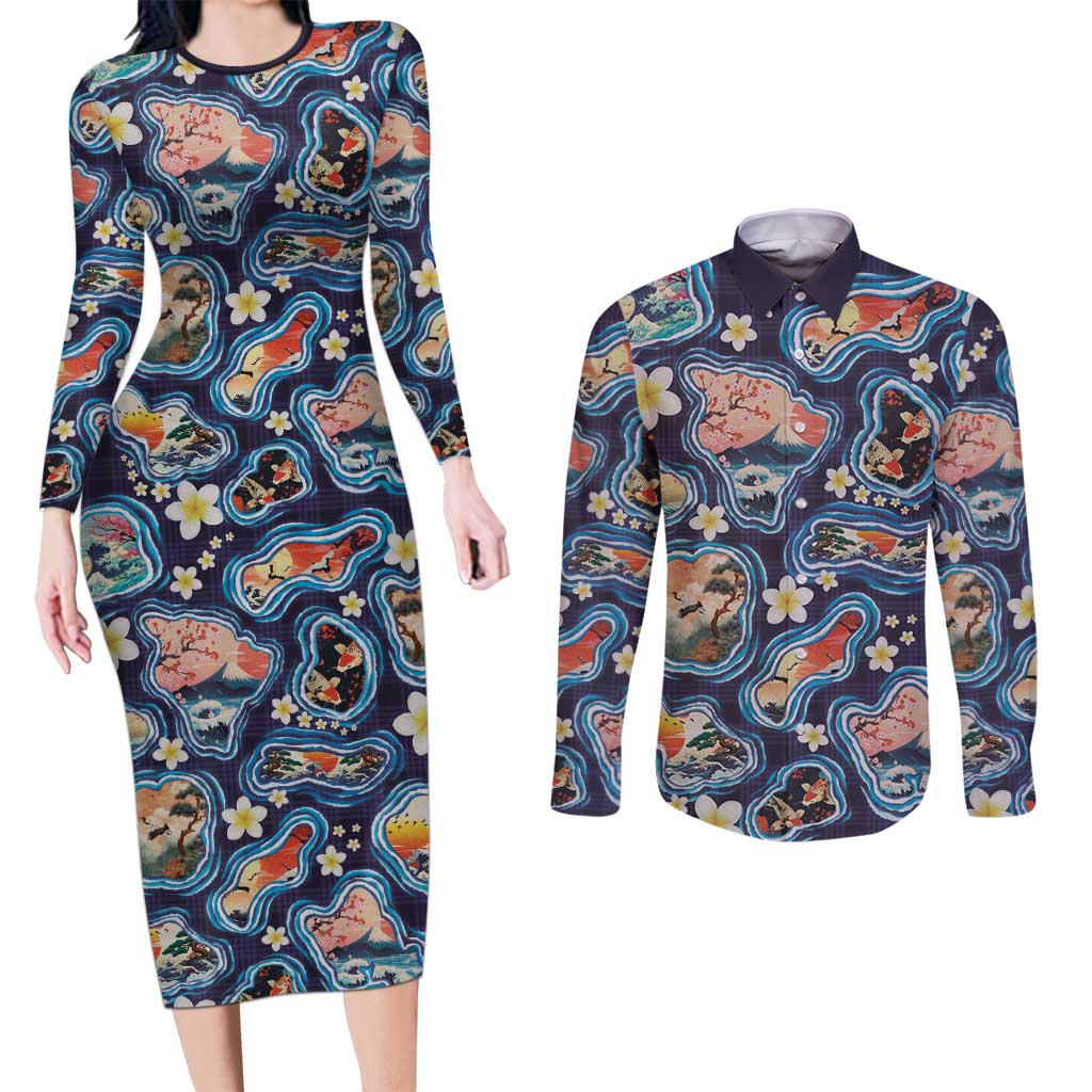 Hawaii Islands Map Design with Japanese Landscape Couples Matching Long Sleeve Bodycon Dress and Long Sleeve Button Shirt Hawaiian Japan Fusion Art Navy Color LT03 Navy - Polynesian Pride