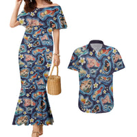 Hawaii Islands Map Design with Japanese Landscape Couples Matching Mermaid Dress and Hawaiian Shirt Hawaiian Japan Fusion Art Navy Color