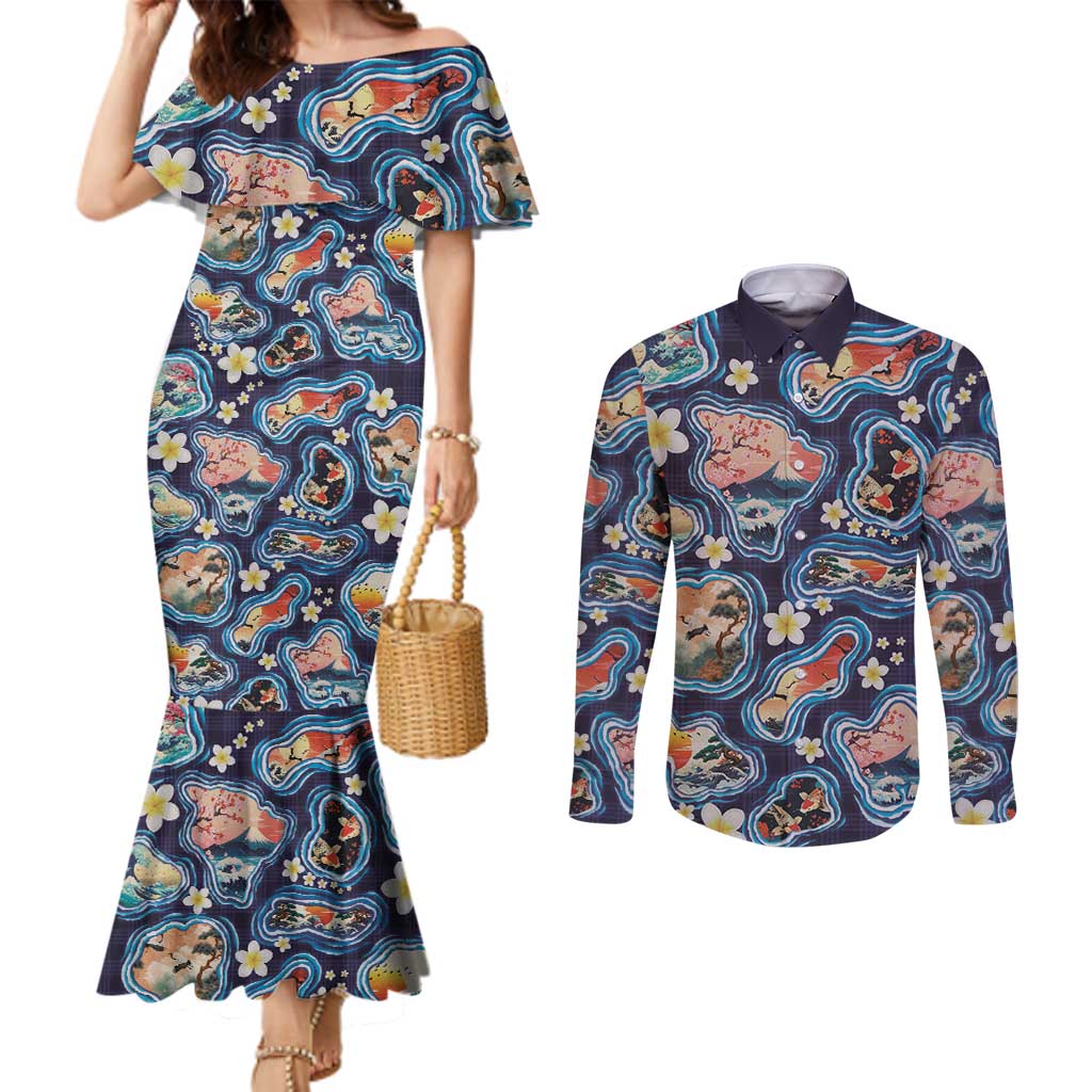 Hawaii Islands Map Design with Japanese Landscape Couples Matching Mermaid Dress and Long Sleeve Button Shirt Hawaiian Japan Fusion Art Navy Color LT03 Navy - Polynesian Pride
