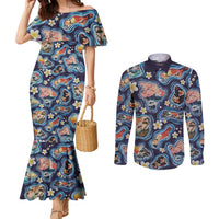 Hawaii Islands Map Design with Japanese Landscape Couples Matching Mermaid Dress and Long Sleeve Button Shirt Hawaiian Japan Fusion Art Navy Color