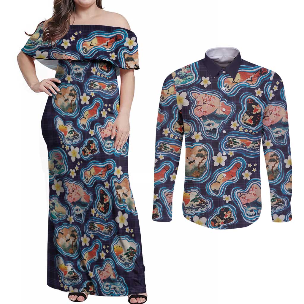 Hawaii Islands Map Design with Japanese Landscape Couples Matching Off Shoulder Maxi Dress and Long Sleeve Button Shirt Hawaiian Japan Fusion Art Navy Color LT03 Navy - Polynesian Pride