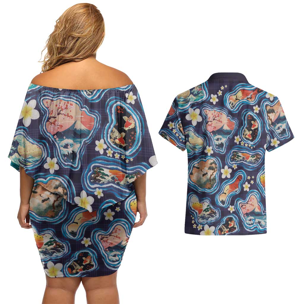 Hawaii Islands Map Design with Japanese Landscape Couples Matching Off Shoulder Short Dress and Hawaiian Shirt Hawaiian Japan Fusion Art Navy Color