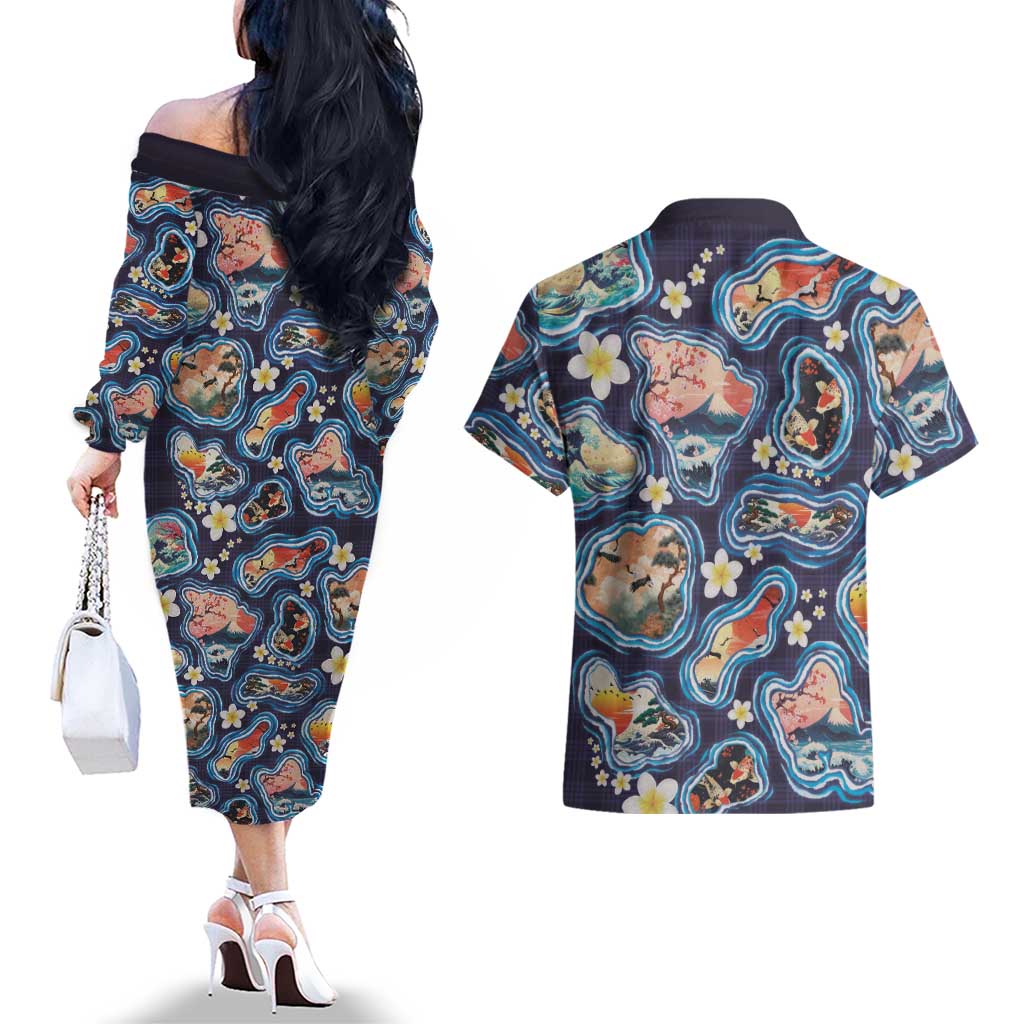 Hawaii Islands Map Design with Japanese Landscape Couples Matching Off The Shoulder Long Sleeve Dress and Hawaiian Shirt Hawaiian Japan Fusion Art Navy Color