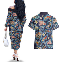 Hawaii Islands Map Design with Japanese Landscape Couples Matching Off The Shoulder Long Sleeve Dress and Hawaiian Shirt Hawaiian Japan Fusion Art Navy Color