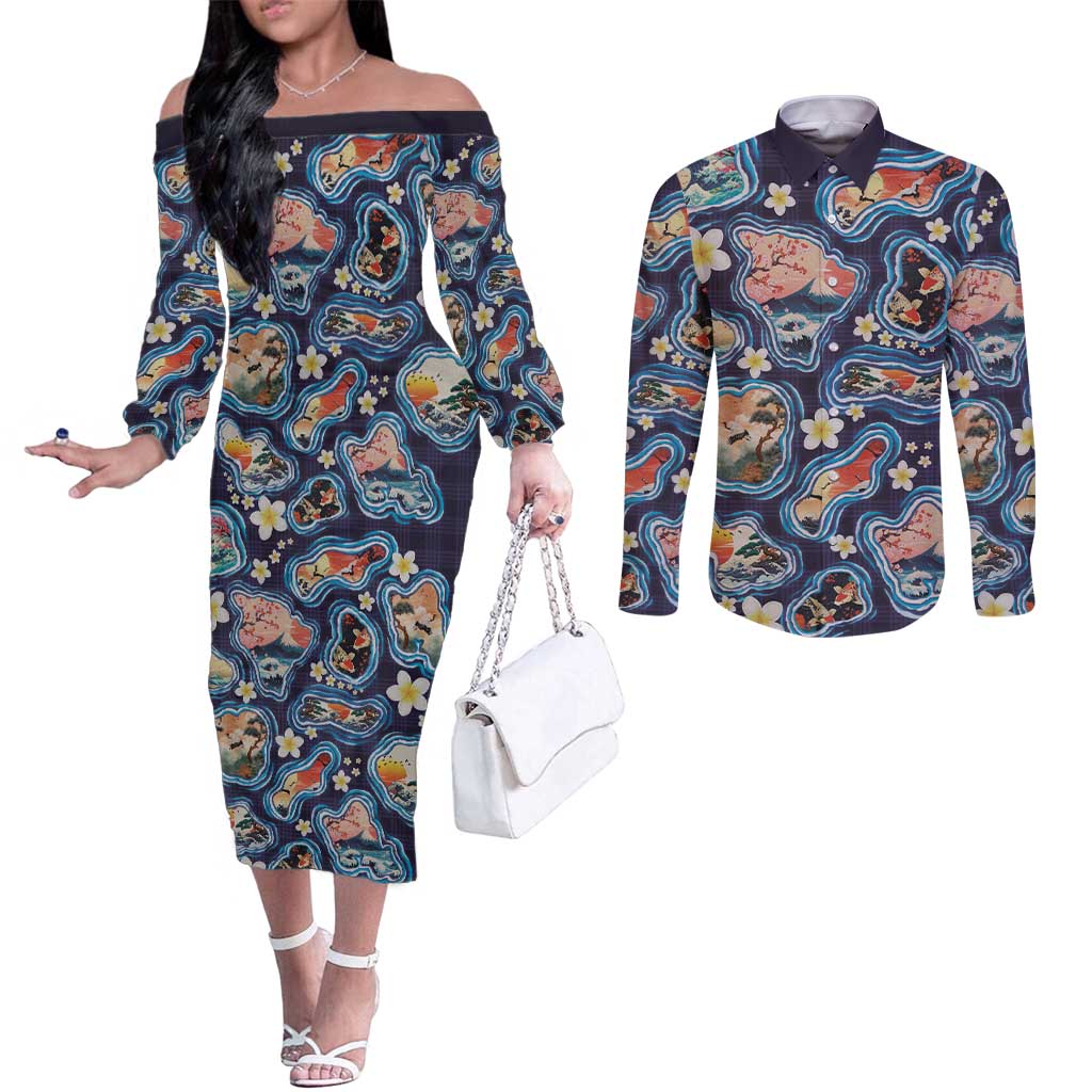 Hawaii Islands Map Design with Japanese Landscape Couples Matching Off The Shoulder Long Sleeve Dress and Long Sleeve Button Shirt Hawaiian Japan Fusion Art Navy Color