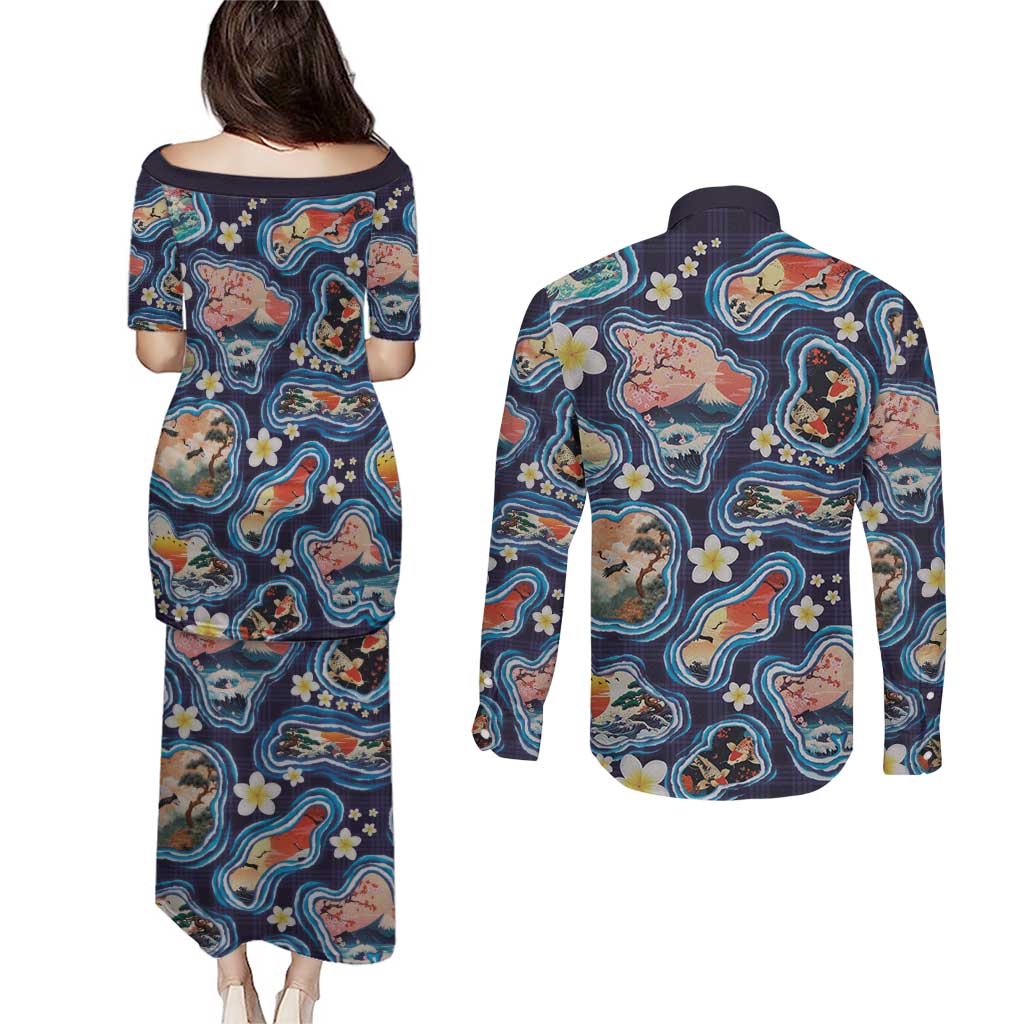 Hawaii Islands Map Design with Japanese Landscape Couples Matching Puletasi and Long Sleeve Button Shirt Hawaiian Japan Fusion Art Navy Color