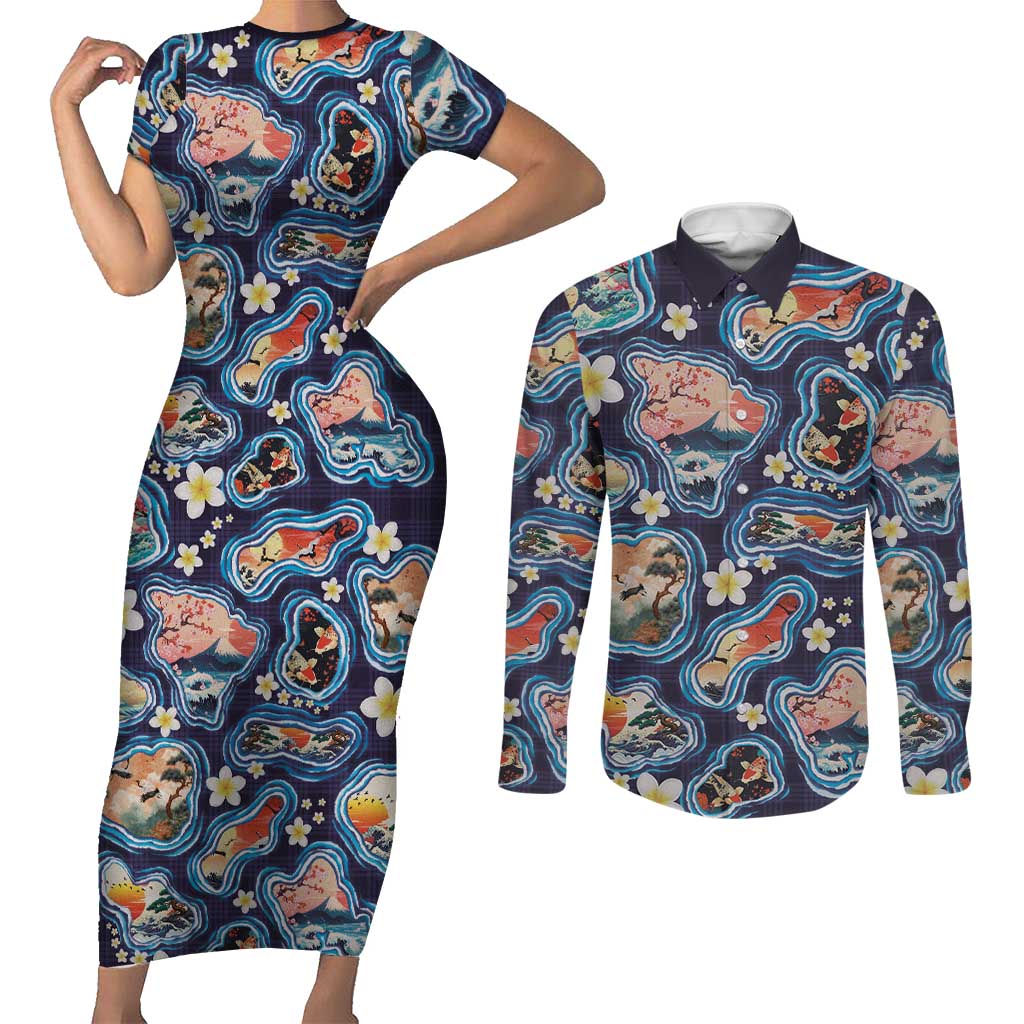 Hawaii Islands Map Design with Japanese Landscape Couples Matching Short Sleeve Bodycon Dress and Long Sleeve Button Shirt Hawaiian Japan Fusion Art Navy Color
