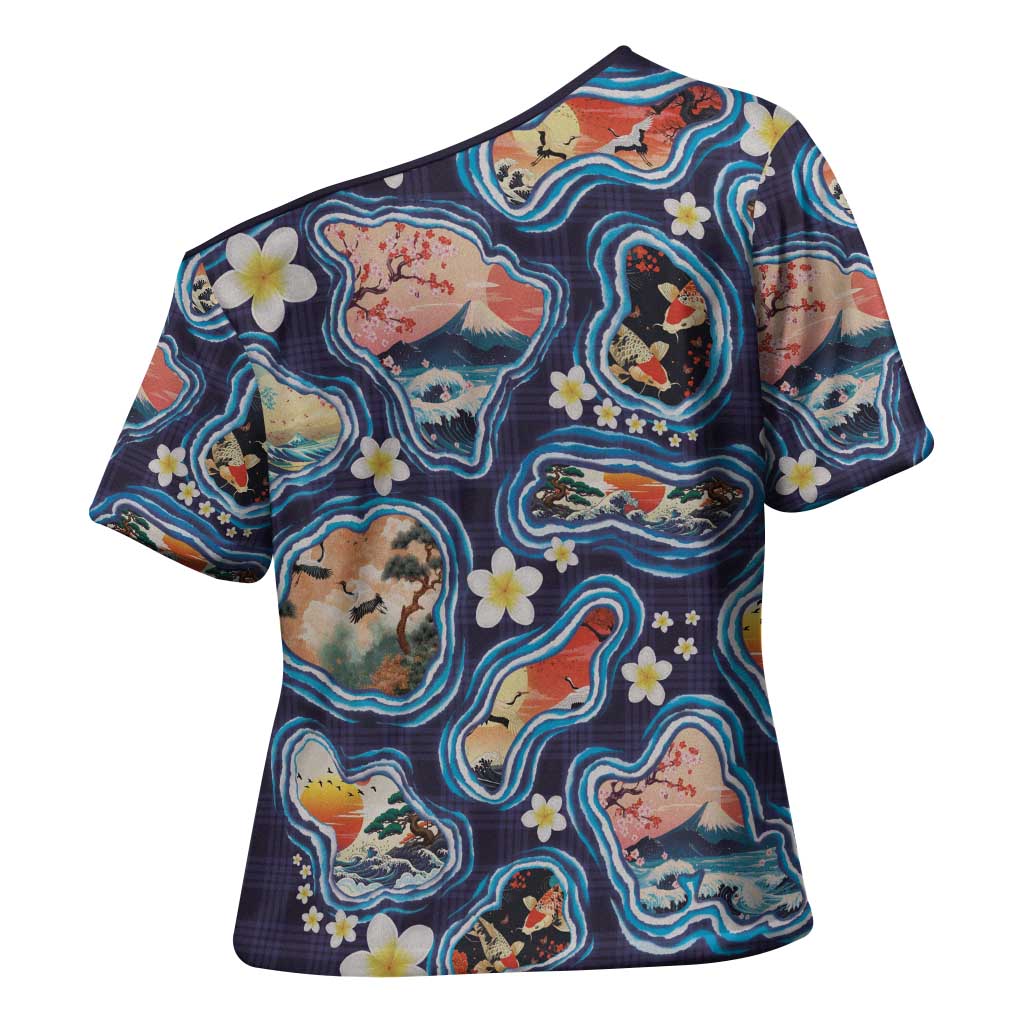 Hawaii Islands Map Design with Japanese Landscape Cross Shoulder Shirt Hawaiian Japan Fusion Art Navy Color
