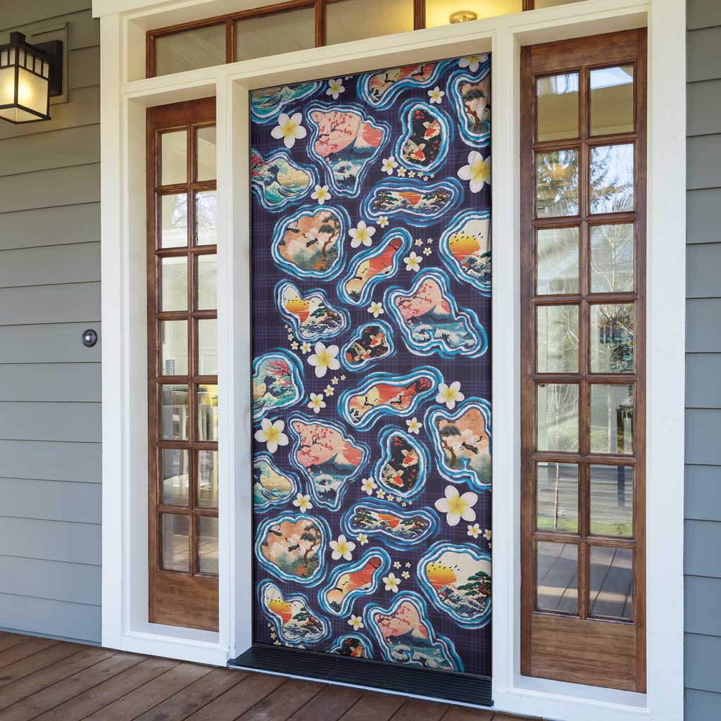 Hawaii Islands Map Design with Japanese Landscape Door Cover Hawaiian Japan Fusion Art Navy Color