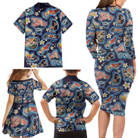 Hawaii Islands Map Design with Japanese Landscape Family Matching Long Sleeve Bodycon Dress and Hawaiian Shirt Hawaiian Japan Fusion Art Navy Color