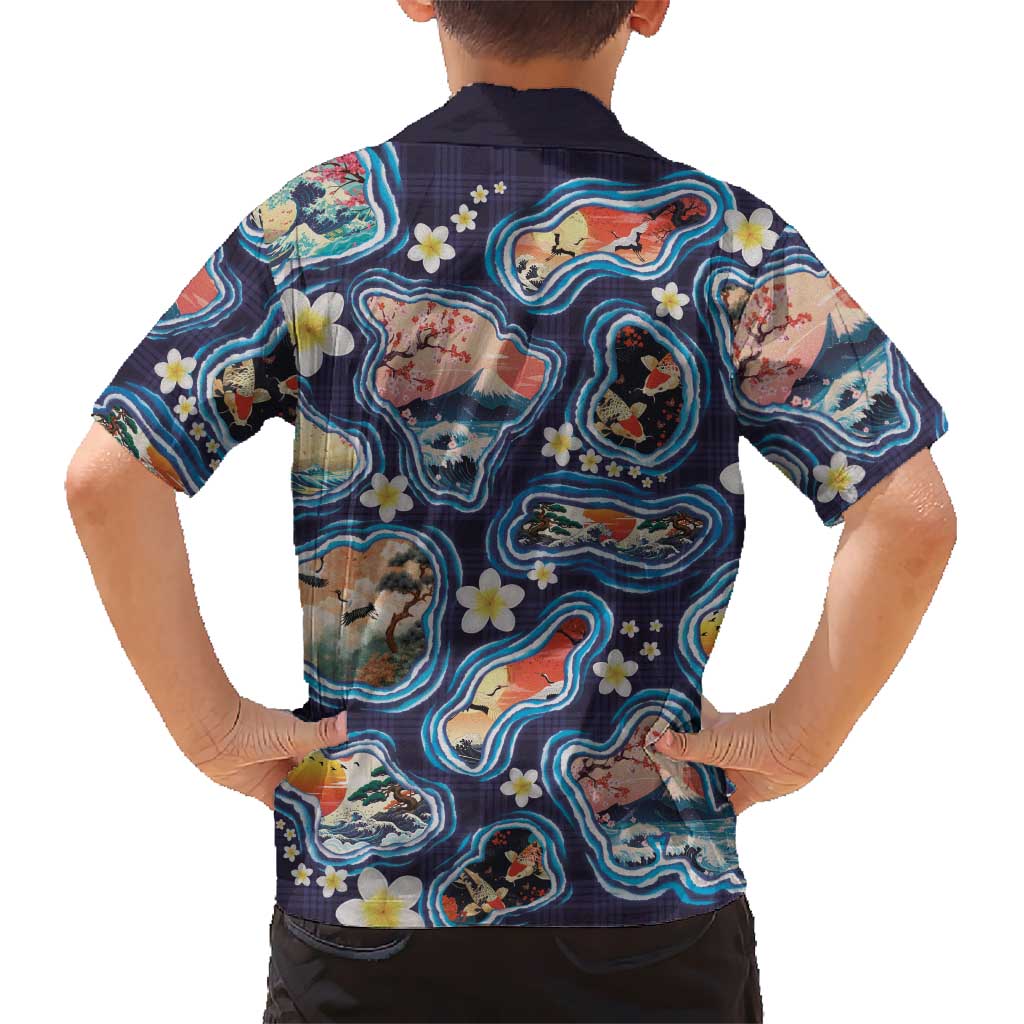 Hawaii Islands Map Design with Japanese Landscape Family Matching Off Shoulder Short Dress and Hawaiian Shirt Hawaiian Japan Fusion Art Navy Color