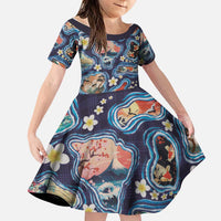 Hawaii Islands Map Design with Japanese Landscape Family Matching Off Shoulder Short Dress and Hawaiian Shirt Hawaiian Japan Fusion Art Navy Color