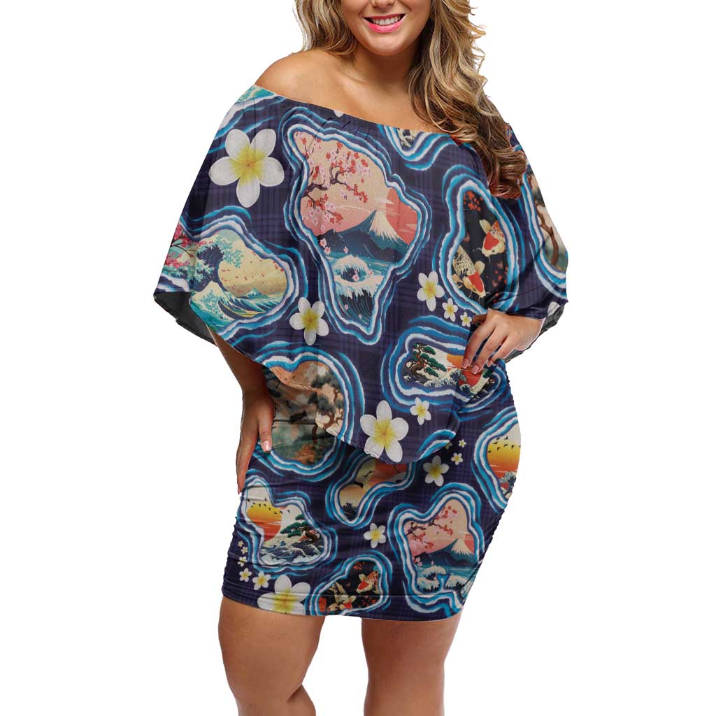 Hawaii Islands Map Design with Japanese Landscape Family Matching Off Shoulder Short Dress and Hawaiian Shirt Hawaiian Japan Fusion Art Navy Color