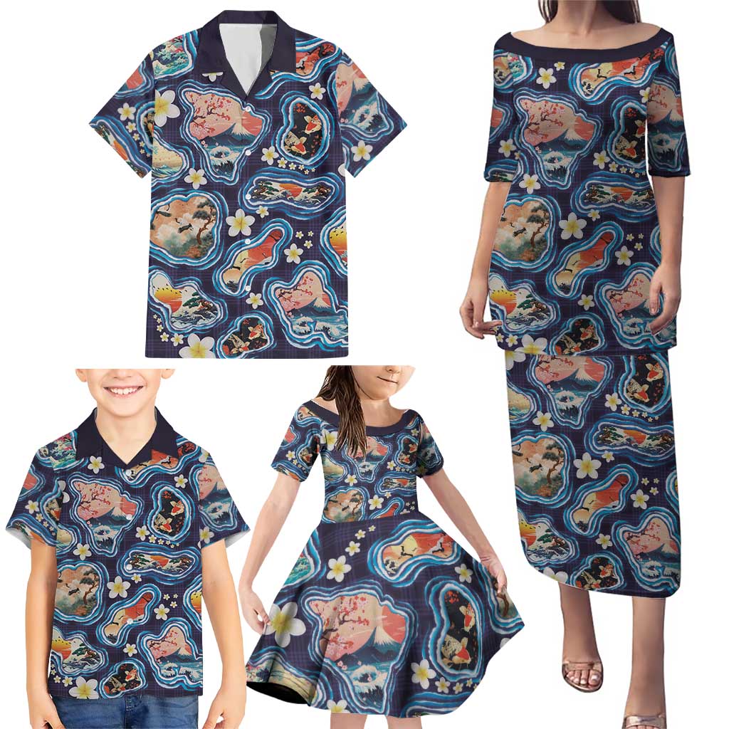 Hawaii Islands Map Design with Japanese Landscape Family Matching Puletasi and Hawaiian Shirt Hawaiian Japan Fusion Art Navy Color