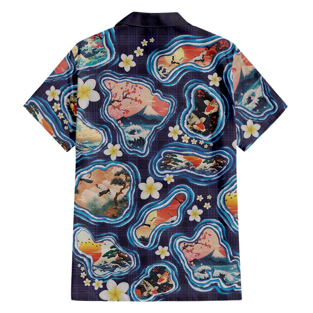 Hawaii Islands Map Design with Japanese Landscape Family Matching Puletasi and Hawaiian Shirt Hawaiian Japan Fusion Art Navy Color