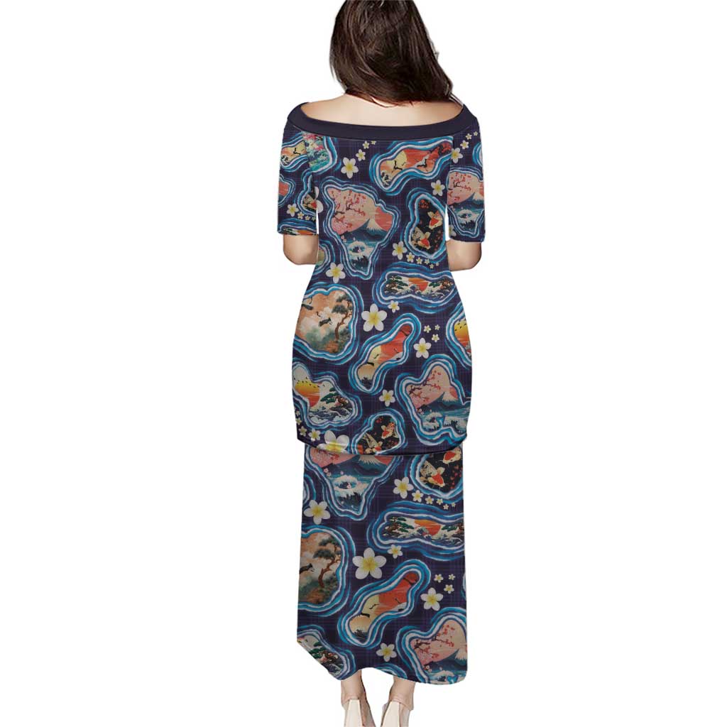 Hawaii Islands Map Design with Japanese Landscape Family Matching Puletasi and Hawaiian Shirt Hawaiian Japan Fusion Art Navy Color