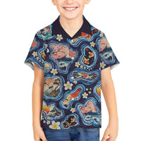 Hawaii Islands Map Design with Japanese Landscape Family Matching Puletasi and Hawaiian Shirt Hawaiian Japan Fusion Art Navy Color