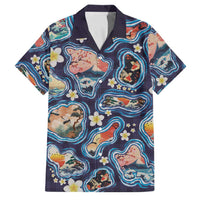 Hawaii Islands Map Design with Japanese Landscape Family Matching Tank Maxi Dress and Hawaiian Shirt Hawaiian Japan Fusion Art Navy Color