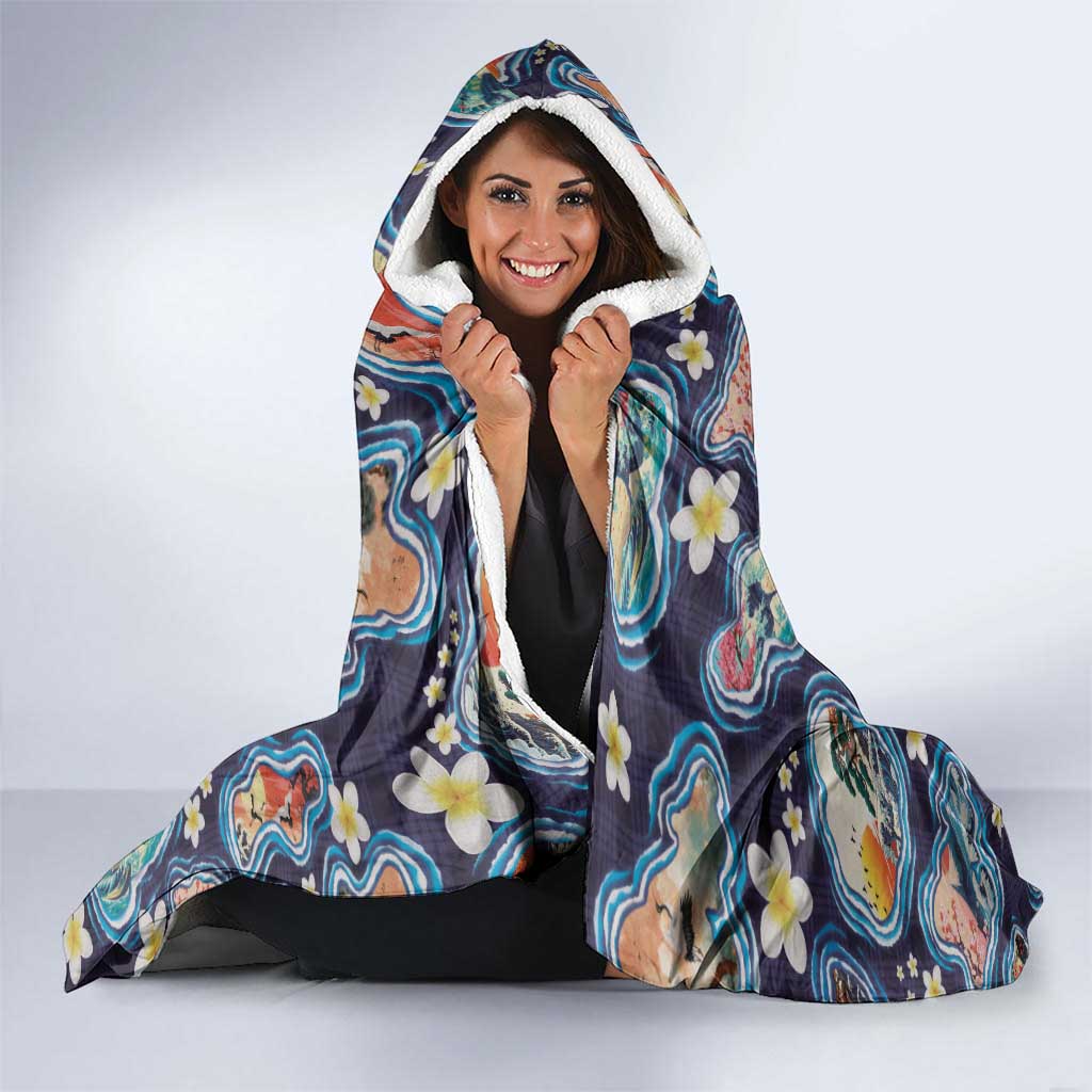 Hawaii Islands Map Design with Japanese Landscape Hooded Blanket Hawaiian Japan Fusion Art Navy Color