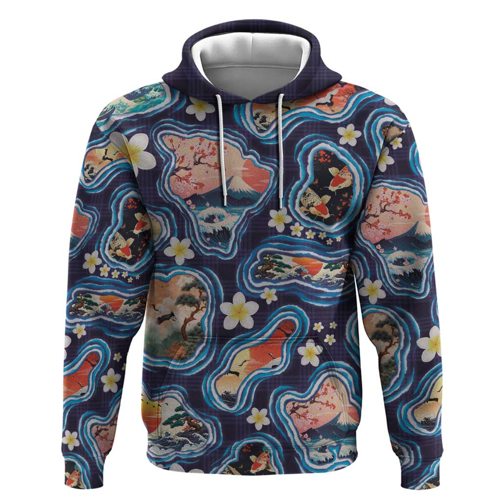 Hawaii Islands Map Design with Japanese Landscape Hoodie Hawaiian Japan Fusion Art Navy Color LT03 Pullover Hoodie Navy - Polynesian Pride
