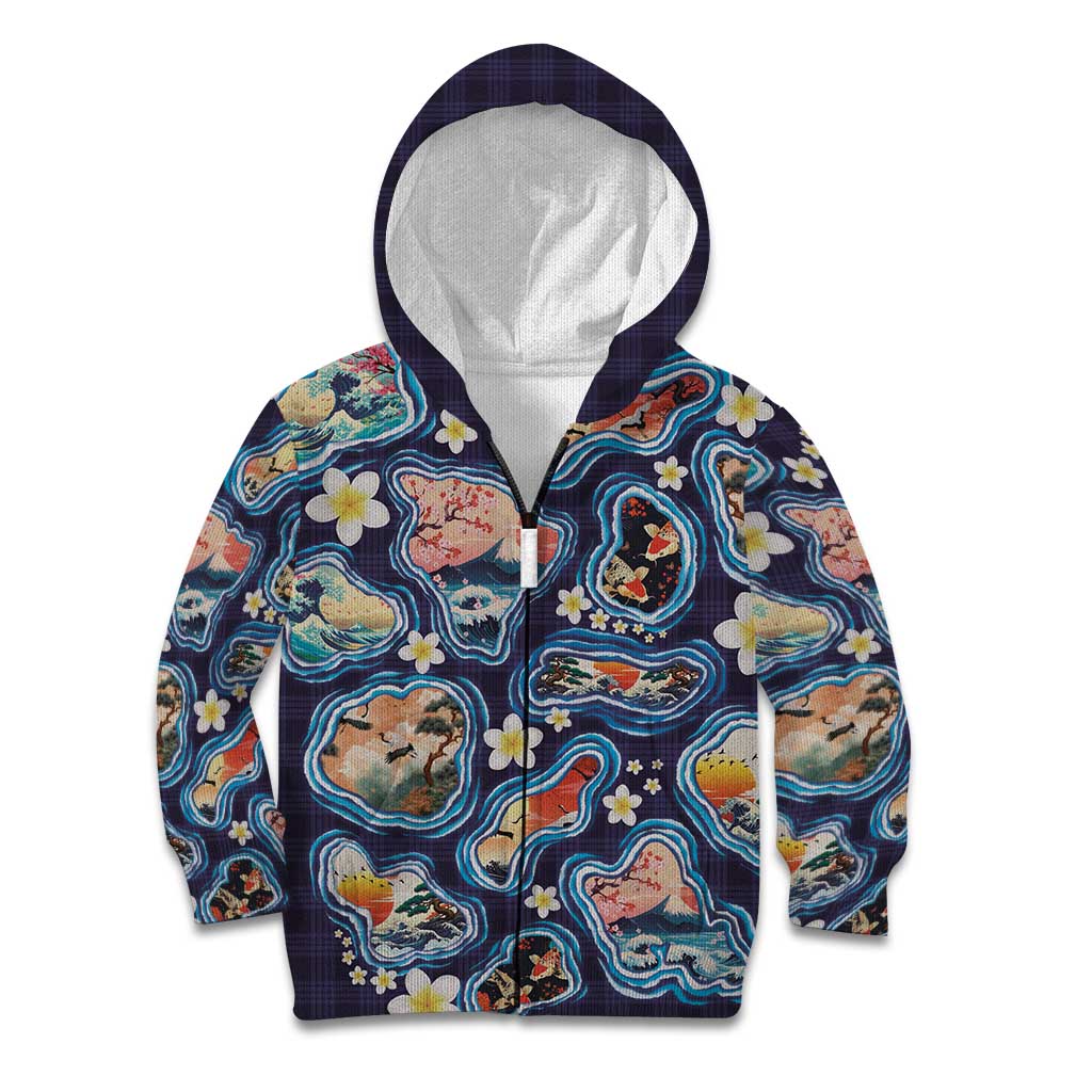 Hawaii Islands Map Design with Japanese Landscape Kid Hoodie Hawaiian Japan Fusion Art Navy Color