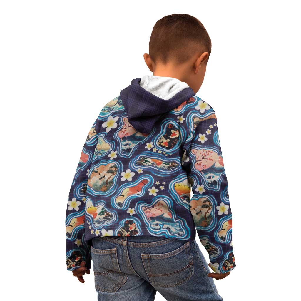 Hawaii Islands Map Design with Japanese Landscape Kid Hoodie Hawaiian Japan Fusion Art Navy Color