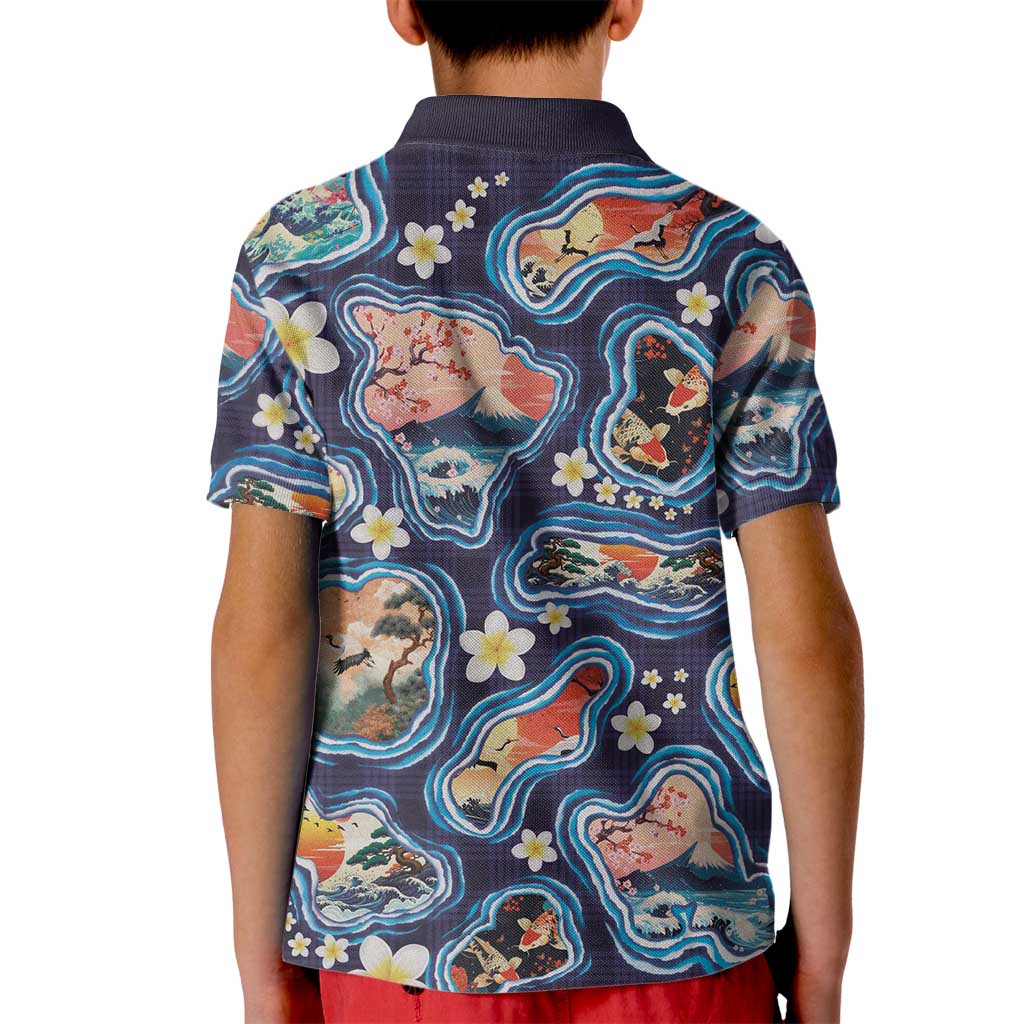 Hawaii Islands Map Design with Japanese Landscape Kid Polo Shirt Hawaiian Japan Fusion Art Navy Color