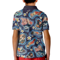 Hawaii Islands Map Design with Japanese Landscape Kid Polo Shirt Hawaiian Japan Fusion Art Navy Color