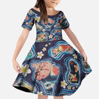Hawaii Islands Map Design with Japanese Landscape Kid Short Sleeve Dress Hawaiian Japan Fusion Art Navy Color