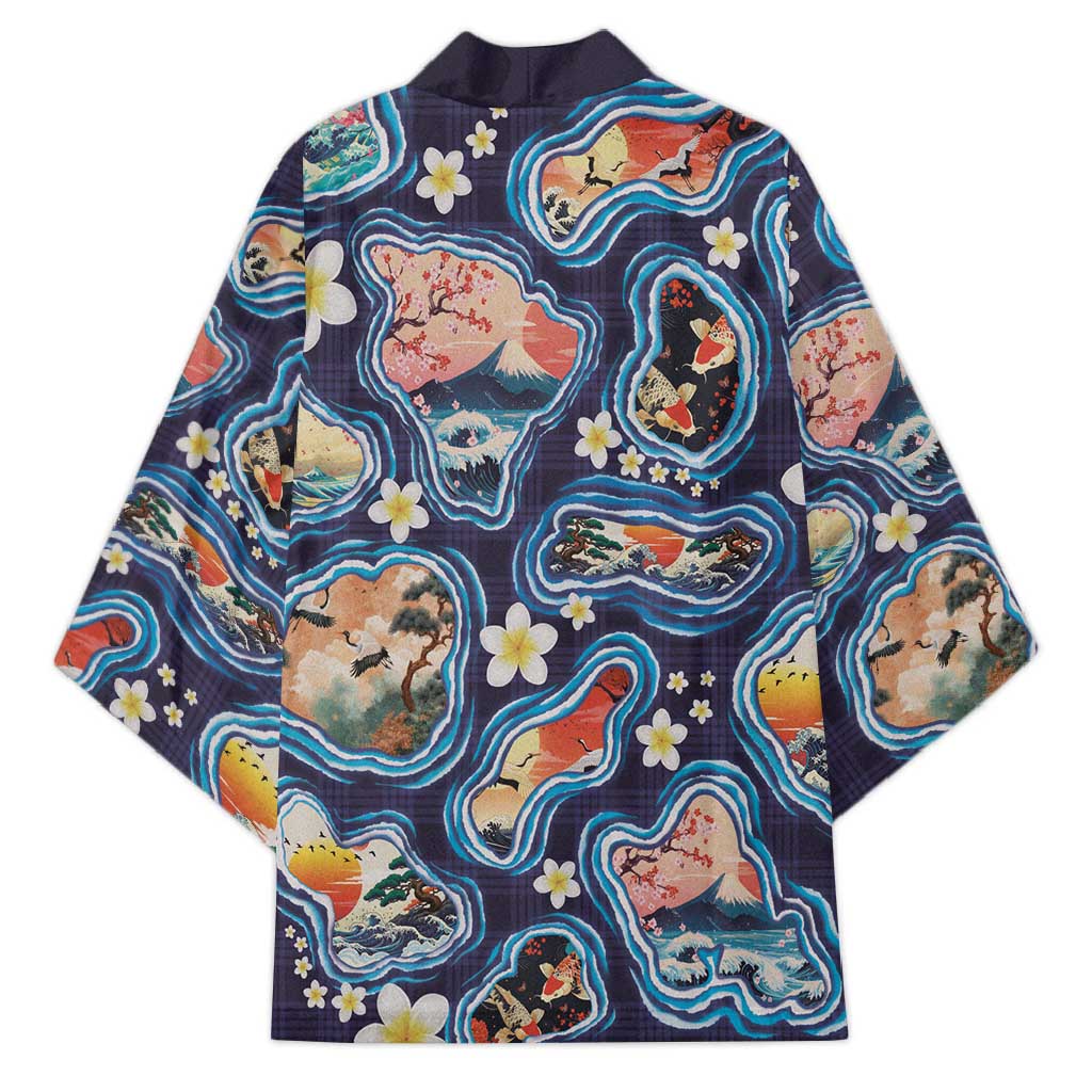 Hawaii Islands Map Design with Japanese Landscape Kimono Hawaiian Japan Fusion Art Navy Color LT03 - Polynesian Pride