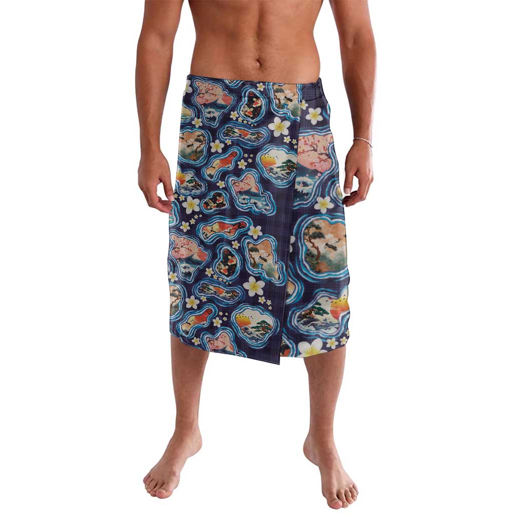 Hawaii Islands Map Design with Japanese Landscape Lavalava Hawaiian Japan Fusion Art Navy Color LT03 Navy - Polynesian Pride