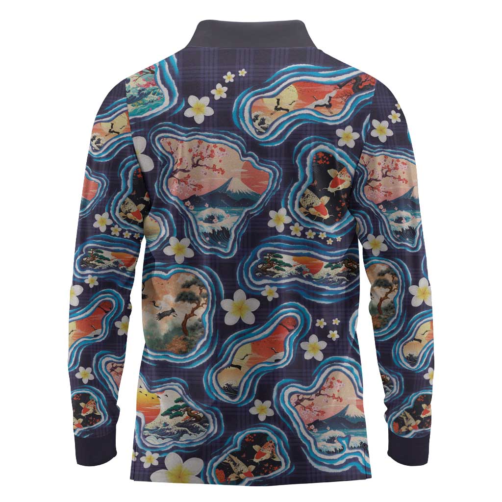 Hawaii Islands Map Design with Japanese Landscape Long Sleeve Polo Shirt Hawaiian Japan Fusion Art Navy Color
