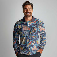 Hawaii Islands Map Design with Japanese Landscape Long Sleeve Polo Shirt Hawaiian Japan Fusion Art Navy Color
