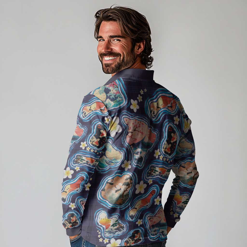 Hawaii Islands Map Design with Japanese Landscape Long Sleeve Polo Shirt Hawaiian Japan Fusion Art Navy Color