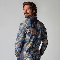 Hawaii Islands Map Design with Japanese Landscape Long Sleeve Polo Shirt Hawaiian Japan Fusion Art Navy Color
